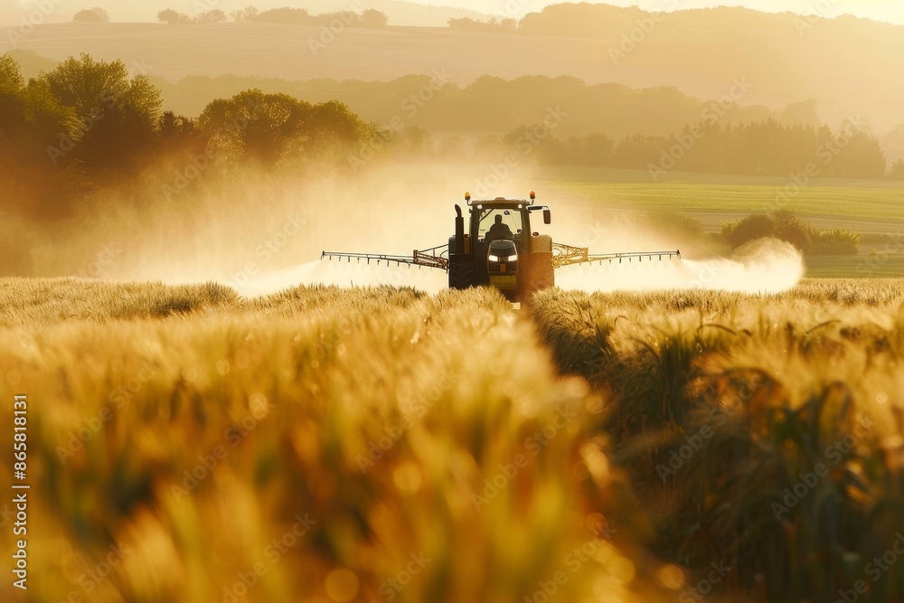 Naklejka premium Tractor spraying wheat in field