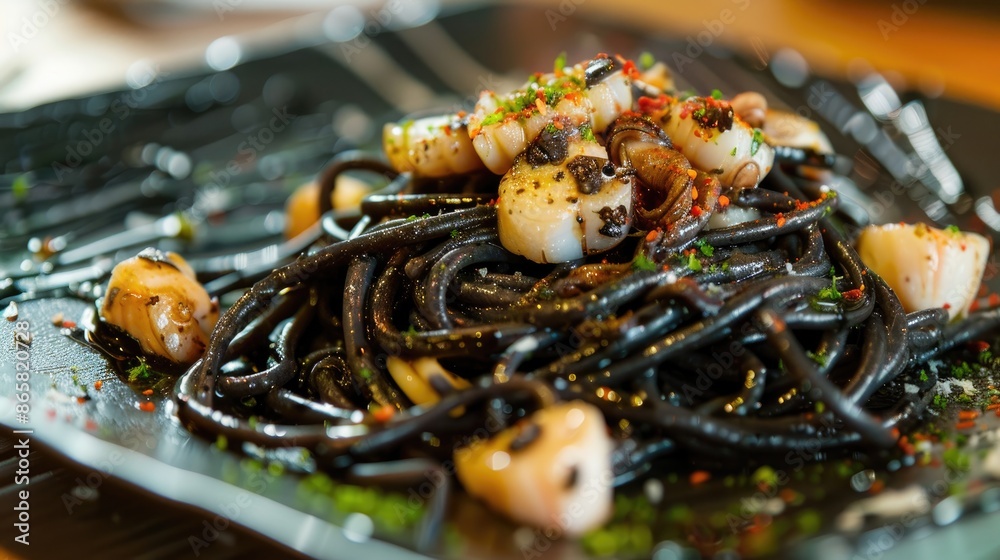 Squid ink spaghetti with sauteed squid garlic and oil seasoned with the cuttlefish ink Squid ink spaghetti with sauteed squid garlic and oil seasoned with the cuttlefish ink