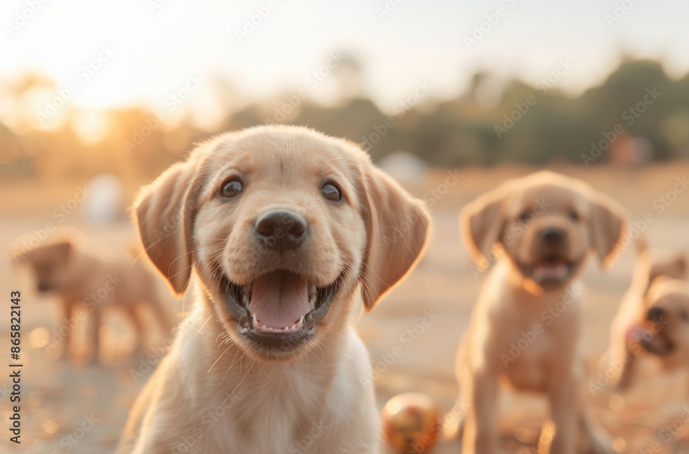 Adorable Labrador puppies playing outdoors during sunset. Happy, playful faces capture the joy of these cute little dogs in a natural setting.