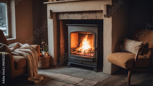 A cozy living room with a fireplace with an open fire.