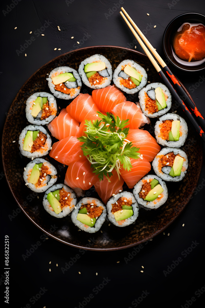 Vibrant display of sushi delicacy, an emblem of traditional Asian gastronomy Vibrant display of sushi delicacy, an emblem of traditional Asian gastronomy