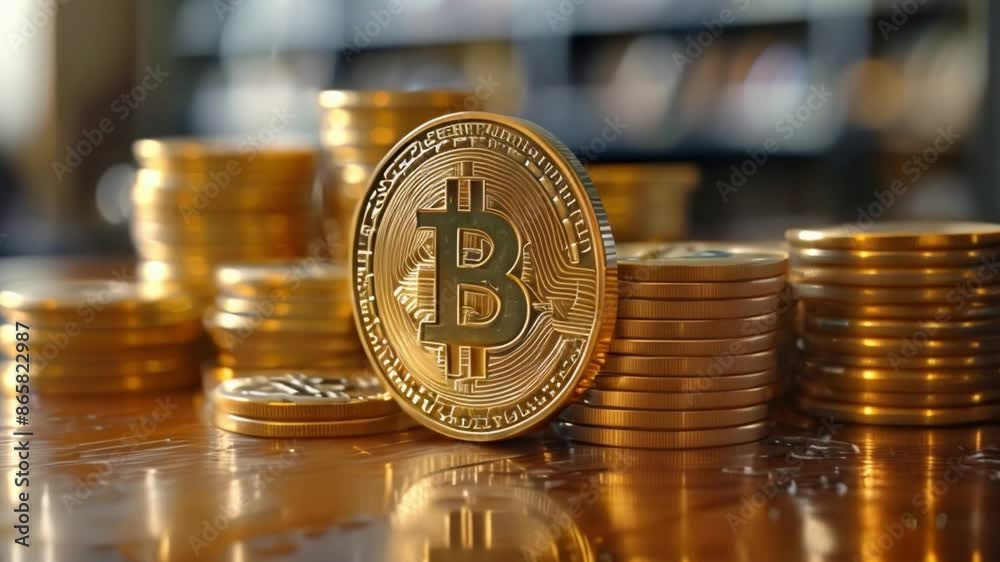 This Close-up of a golden Bitcoin coin with stacks of other coins in the background.