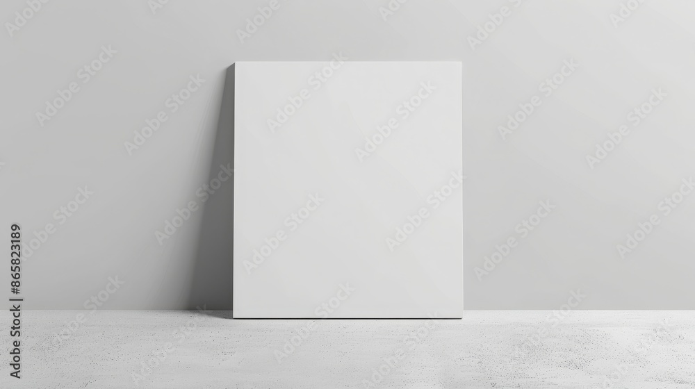 Blank white canvas mockup leaning against a white wall. Minimalist art display concept for gallery, studio, or home.