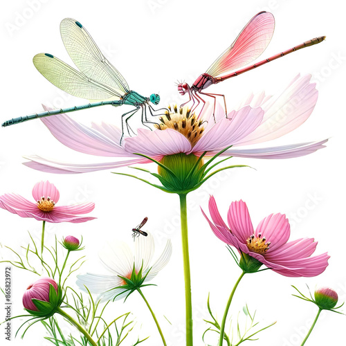 3d dragonfly with cosmos flowers  photo