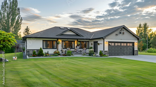 A single-story ranch home with a low-pitched roof, attached garage, and a cozy backyard, located in a rural area © DESIRED_PIC