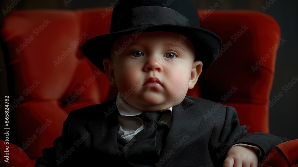 A baby dressed in a formal suit and hat sitting on a red chair. A baby dressed in a formal suit and hat sitting on a red chair.