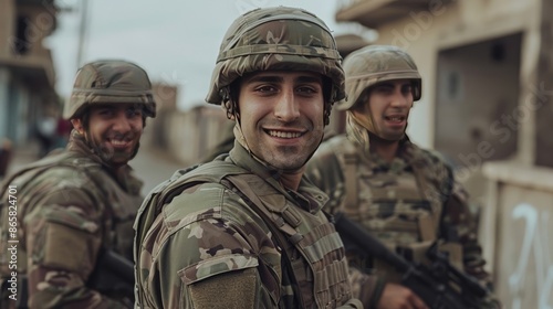 Portrait of smiling soldiers in warzone. Brave military personnel in camouflage uniform during deployment. Concept of courage, bravery, service, and duty.