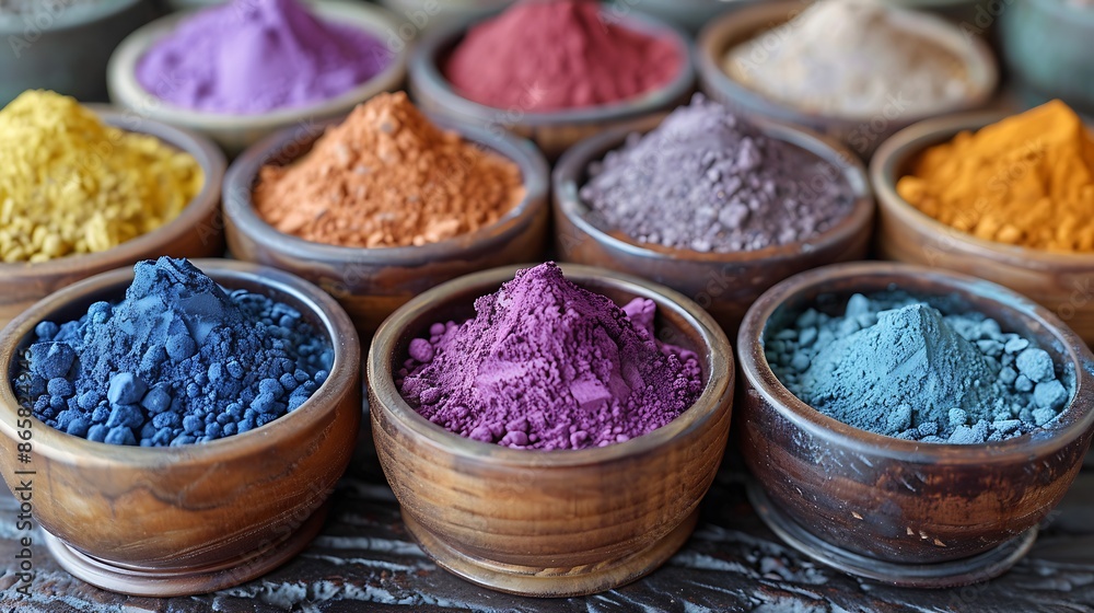 A collection of various colored pigments in small wooden bowls, likely used for painting or decoration, creating a vibrant and artistic display.
A collection of various colored pigments in small wooden bowls, likely used for painting or decoration, creating a vibrant and artistic display.