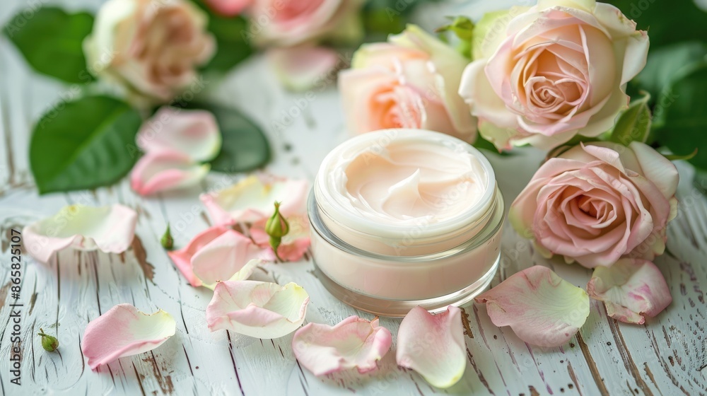 Moisturizing with roses on white wooden surface Moisturizing with roses on white wooden surface