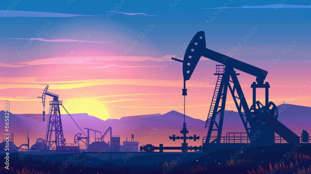 Oil derricks pumping crude oil at sunset. Concept of fossil fuels, energy production, and environmental impact. Oil derricks pumping crude oil at sunset. Concept of fossil fuels, energy production, and environmental impact.