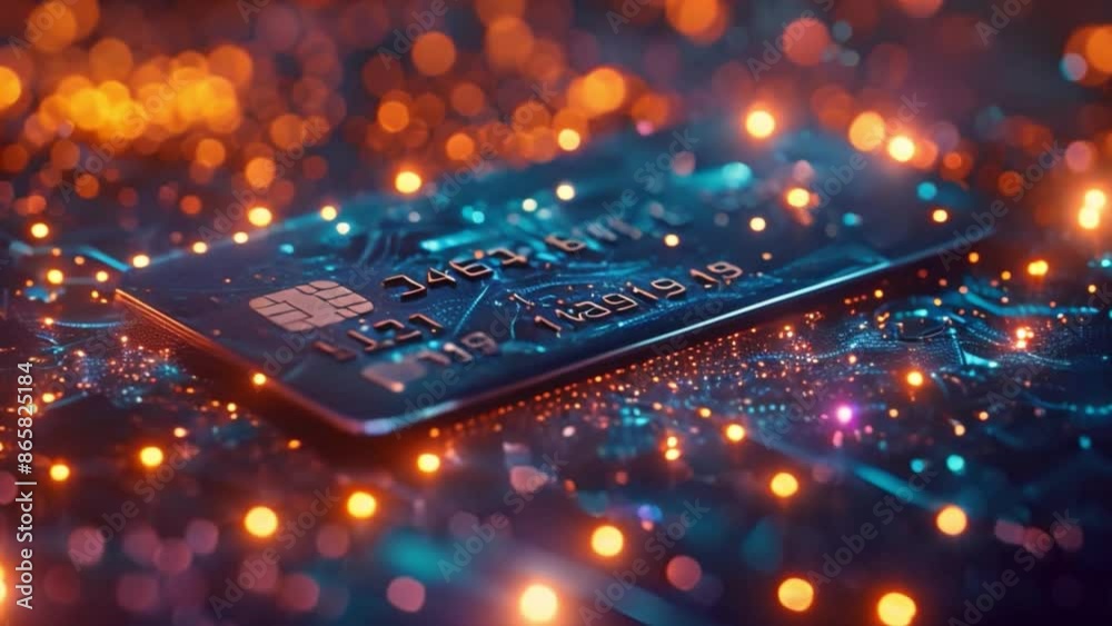 This credit card with a chip reader is surrounded by digital lights.