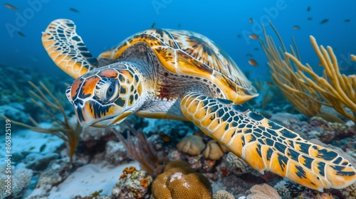 Fototapeta Naklejka Na Ścianę i Meble -  Turtle with Beautiful Shell on Coral Reef 