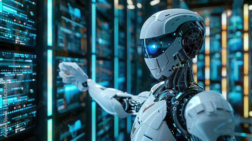 The AI robot looks at the smart screen The AI robot looks at the smart screen