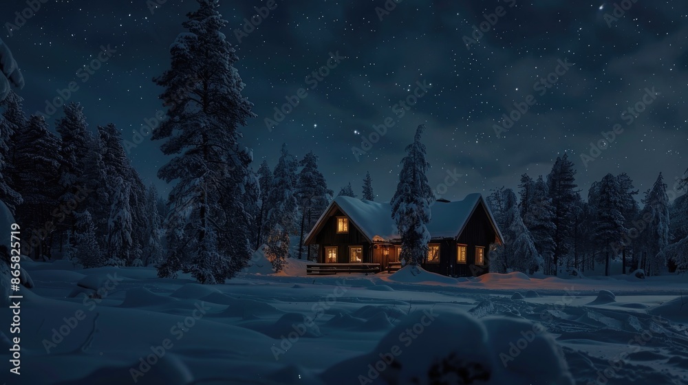 Fototapeta premium Starry night above snowy Swedish Lapland landscape