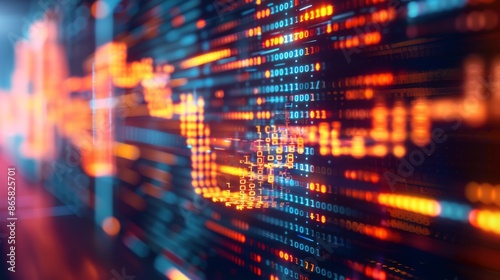 Abstract digital data and binary code depicting financial chart. Bright colors illustrating technology and data flow. © AbsoluteAI