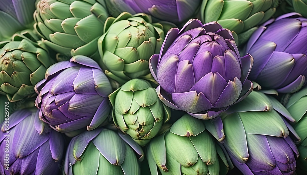 Fototapeta premium Colorful Fresh Artichokes Displayed in Bunches
