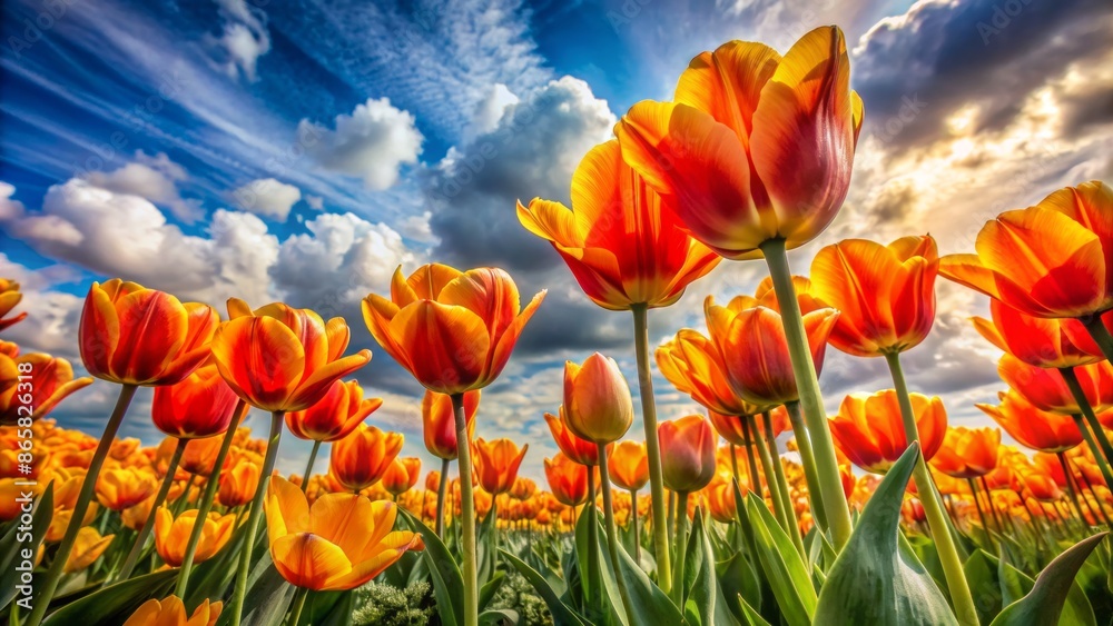 Obraz premium Vibrant orange and yellow tulips sway gently in the breeze amidst a vast, serene, and cloudy sky on a sunny day.