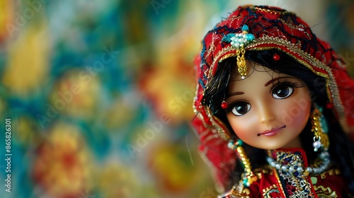 A doll dressed in traditional attire on a cultural heritage background, perfect for adding text.