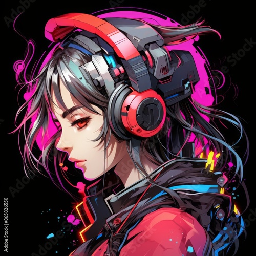  Cyberpunk Girl with Headphones. Anime Illustration of Music, Technology, and Style