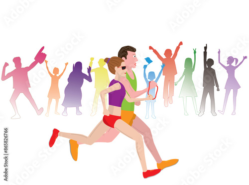 視覚障害者がマラソン大会を走っているイラスト素材です。ガイドランナーが伴走しています。