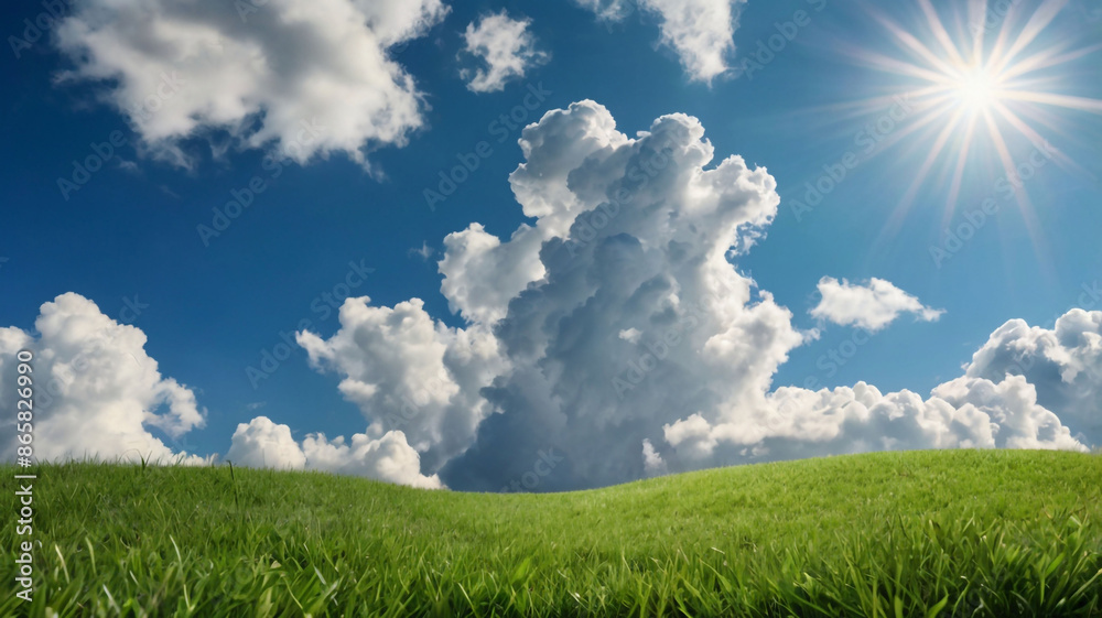 fresh-spring-scene-summer-blue-sky-meets-white-fluffy-clouds-lush-green-grass-in-the-forefront-su fresh-spring-scene-summer-blue-sky-meets-white-fluffy-clouds-lush-green-grass-in-the-forefront-su