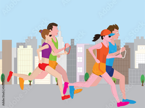 視覚障害者がマラソン大会を走っているイラスト素材です。ガイドランナーが伴走しています。