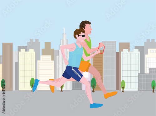 視覚障害者がマラソン大会を走っているイラスト素材です。ガイドランナーが伴走しています。