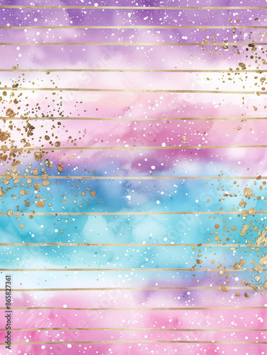 watercolor background with thin gold foil stripes, a purple and blue gradient sky, glitter sprinkled on the surface, digital art 
