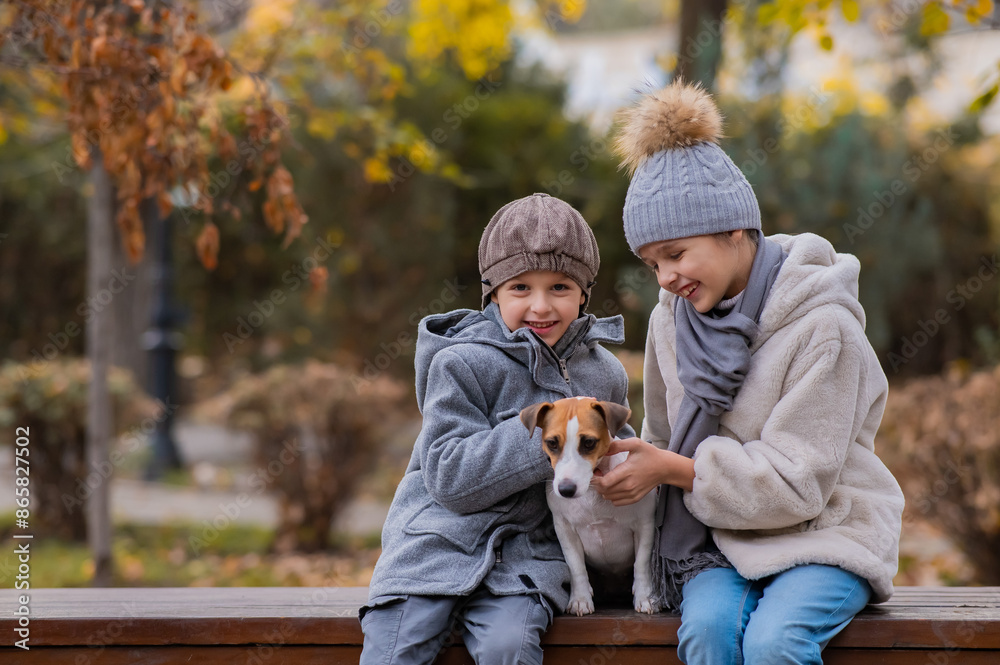 Brother and sister sit in an embrace with a dog on a bench for a walk in the autumn park. Boy, girl and jack russell terrier. Brother and sister sit in an embrace with a dog on a bench for a walk in the autumn park. Boy, girl and jack russell terrier.