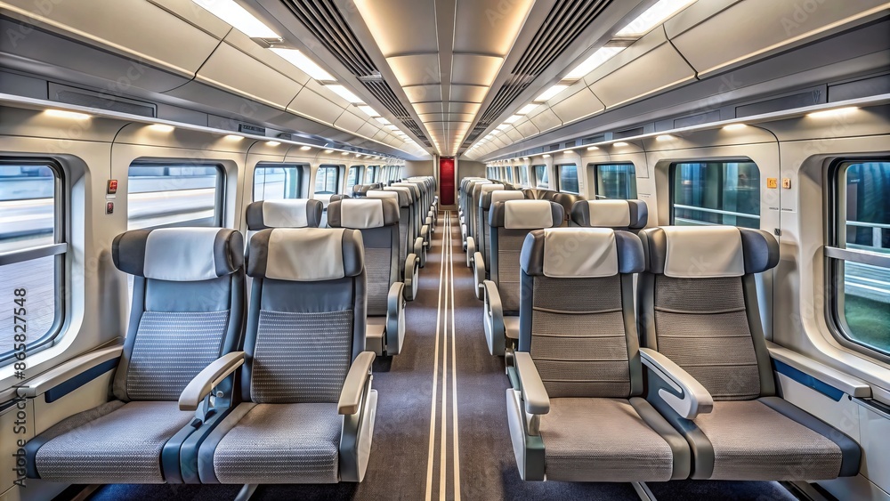 Naklejka premium Modern, sleek, and empty interior of a high-speed train's sleeper class coach with rows of comfortable, cushioned seats and luggage racks.