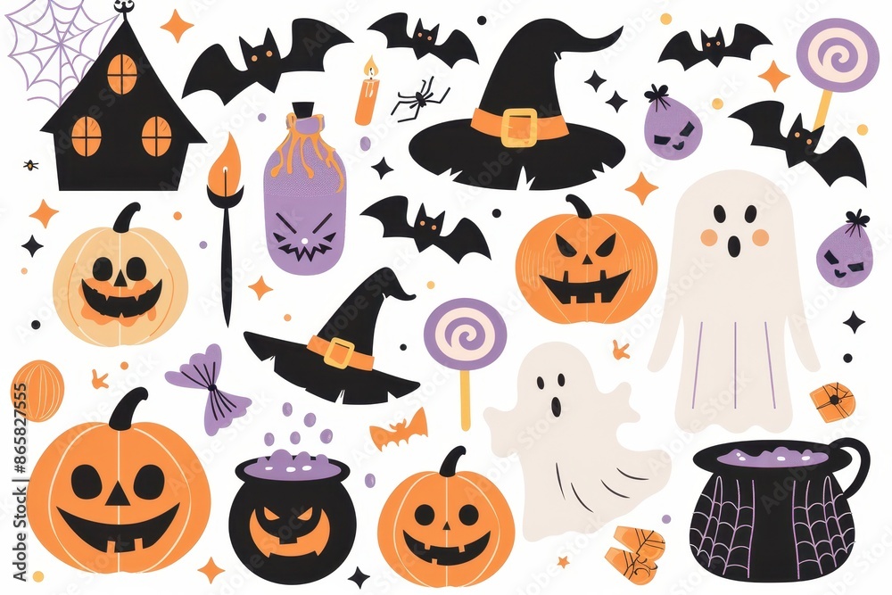 Colorful and fun Halloween scene with various elements. Colorful and fun Halloween scene with various elements.