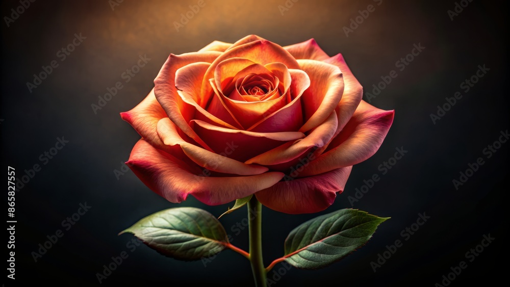 Fototapeta premium Vibrant coral-hued rose stands out against a dramatic black backdrop, its delicate petals and golden center exuding elegance and sophistication.