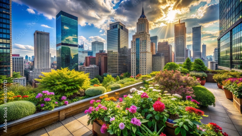 Lush greenery and vibrant flowers thrive on a rooftop oasis amidst towering skyscrapers in a bustling urban cityscape landscape. Lush greenery and vibrant flowers thrive on a rooftop oasis amidst towering skyscrapers in a bustling urban cityscape landscape.