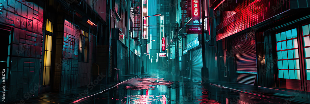 Sleek street lamp in neon-lit cyberpunk alley, rain-soaked streets, towering buildings, sci-fi glow.