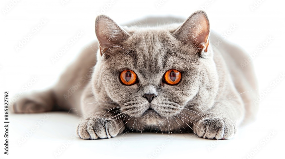 Obese British shorthair cat with big red eyes on white background Obese British shorthair cat with big red eyes on white background