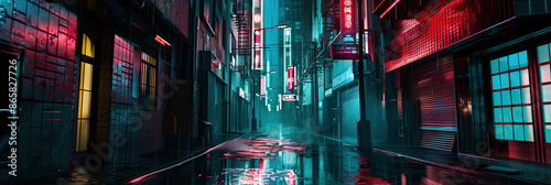 Obraz na płótnie Sleek street lamp in neon-lit cyberpunk alley, rain-soaked streets, towering buildings, sci-fi glow. w salonie