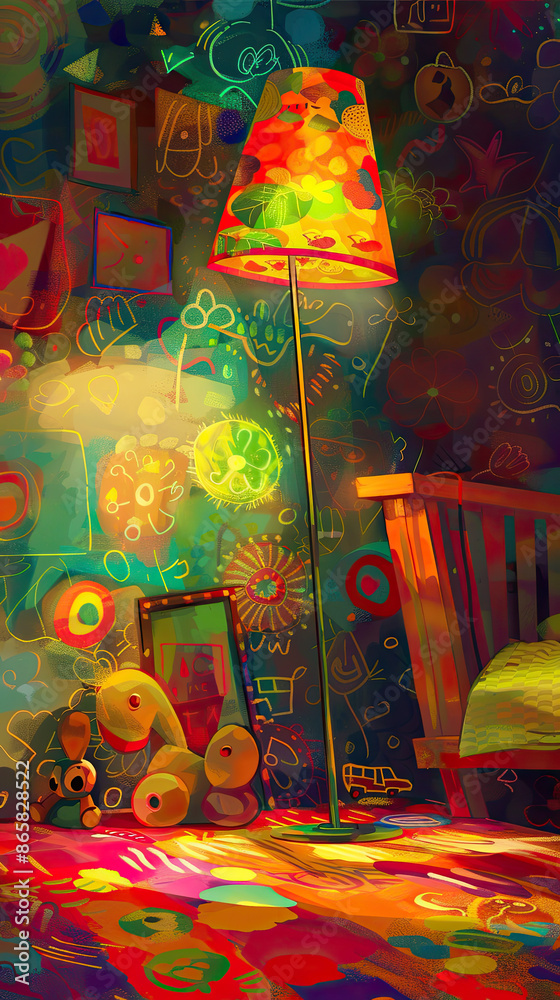 Naklejka premium Digital painting of whimsical lamp in colorful nursery, playful toys, vibrant details, cheerful atmosphere.