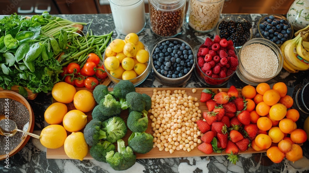 Vibrant healthy food spread on a marble countertop. Colorful fruits, vegetables, grains, and seeds for a balanced diet. Vibrant healthy food spread on a marble countertop. Colorful fruits, vegetables, grains, and seeds for a balanced diet.