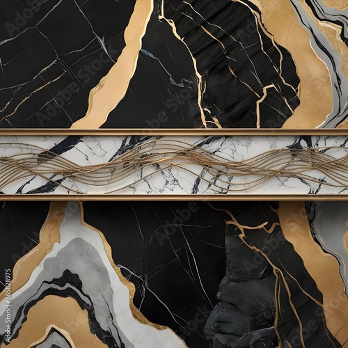 Black marble texture background, wide banner with pattern of gold line in dark rock. Abstract luxury marbled structure close-up. Concept of art, design, stone and wallpaper Generative AI photo