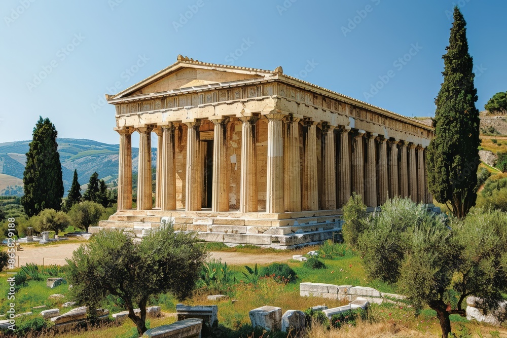Ancient Doric temple ruins in Agrigento, Sicily, Italy, surrounded by trees and greenery with a mountainous backdrop under a clear blue sky. Ancient Doric temple ruins in Agrigento, Sicily, Italy, surrounded by trees and greenery with a mountainous backdrop under a clear blue sky.