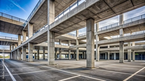 Modern concrete architecture with sprawling car park on empty grey cement floor with rows of pillars and stairwells in background. photo