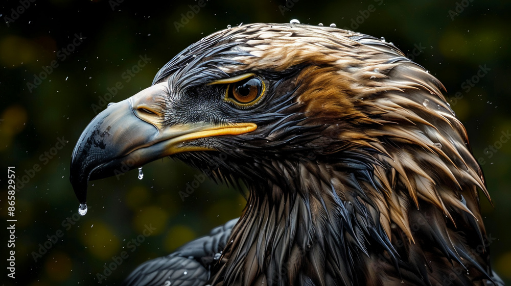 Fototapeta premium Bird of prey black head against blue water, AI Generative.