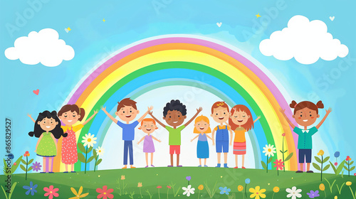 Friendship Rainbows - A rainbow with friends standing underneath, Friendship Day, coloring page, hd, colorful with copy space