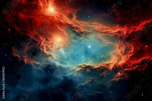 A colorful nebula with a blue and red swirl