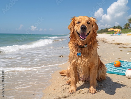A happy Golden Retriever dog having fun at the beach with toys.