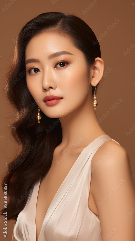 Beauty face. Woman with natural makeup and healthy skin portrait. Beautiful asian girl model touching fresh glowing hydrated facial skin on beige background closeup. Skin care concept Beauty face. Woman with natural makeup and healthy skin portrait. Beautiful asian girl model touching fresh glowing hydrated facial skin on beige background closeup. Skin care concept