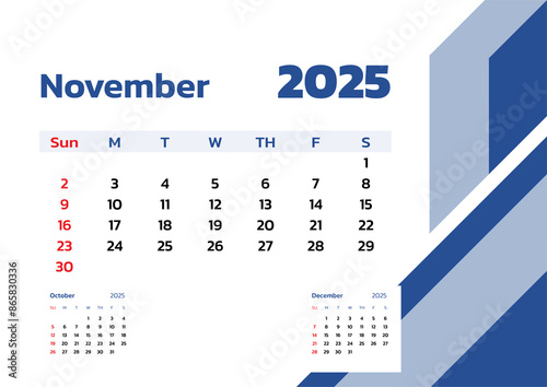 November 2025 Calendar. Week start on Sunday. Desk calendar 2025 design, simple and clean design, Wall calendar for print, digital calendar, Corporate design planner template vector.
