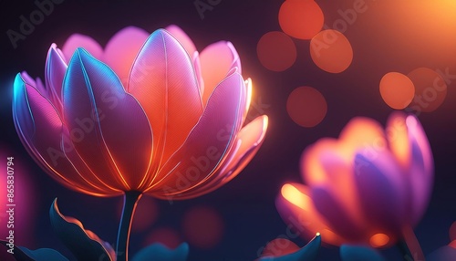 Glowing Neon Flowers with Abstract Bokeh Background