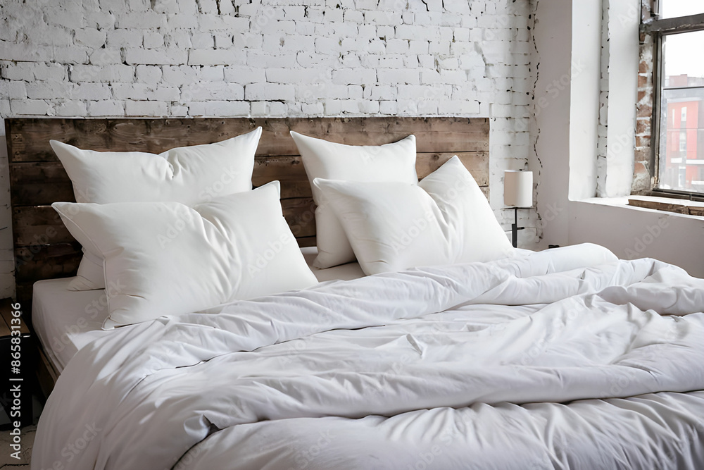Obraz premium White pillows on the bed in loft style bedroom.