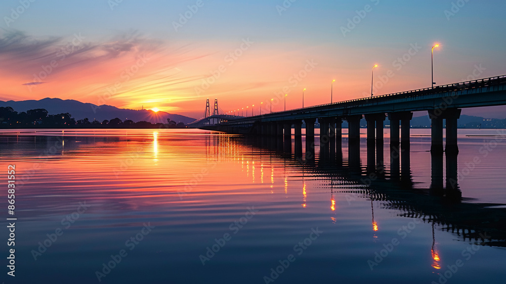 Fototapeta premium Silhouette of bridge reflects on tranquil waterfront, AI Generative.